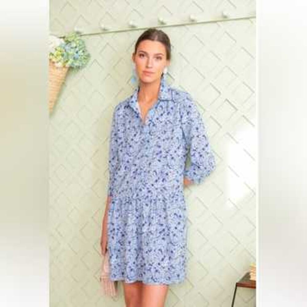 Tuckernuck Hayes Mini Shirt Dress Hydrangea Floral XL Blue Drop Waist